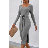 Work Dresses for Girls Autumn and Winter Women's Long Sleeve round Neck Slit Belt Slim Fit Mid-Length Dress