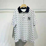 Yankees Spring and Summer Couple Full Printed Embroidery Lapel Short Sleeve Polo Shirt T-shirt