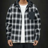 Men Flannel Jacket Autumn and Winter Plaid Hooded Fleece Lined Padded Warm Keeping Coat