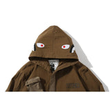 Shark Print Jacket Autumn and Winter Multi-Pocket Workwear Jacket Hooded Coat