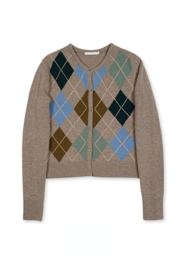 Preppy Aesthetic Outfits Diamond Plaid Knitted Cardigan