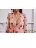Pink Long Sleeve Strawberry Dress Cottagecore Aesthetic Fairycore Dress Princess Gown Midi Dress Prom Dress