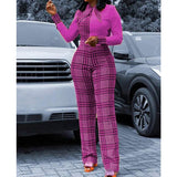 Women Plaid Catsuit Women Checkered Jumpsuit Spring and Autumn Fashion Digital Printing Plaid Stitching Jumpsuit
