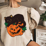Halloween Costumes Fall Cat Pumpkin Printed Crew Neck Sweatshirt Female