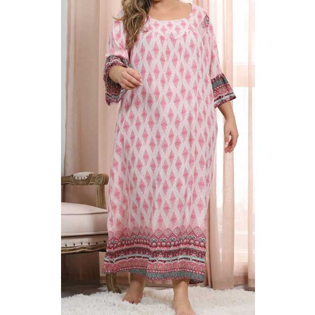 Women Plus Size Maxi Dresses Printed Pink Loose Casual Long Sleeves Dress