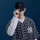 Yankees Spring and Summer Couple Full Printed Retro Presbyopic Baseball Collar Short Sleeve Shirt