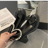 Nude Pumps Block Heel Bowknot Chunky Heel Pearl Mary Jane Leather Shoes