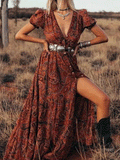 Beth Dutton Bohemian Winter Dress Maxi Dresses Summer Sexy Printed V-neck Short Sleeve Holiday Dress