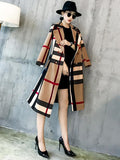 casaco feminino de cor xadrez xadrez com cinto de contraste trincheira casaco vintage de inspiração