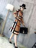 women color block plaid trench coat with belt