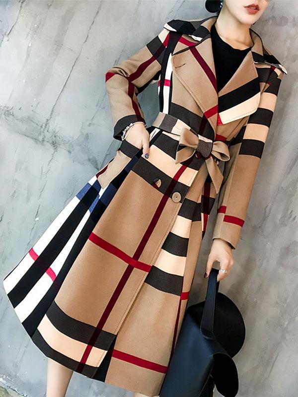 women color block plaid trench coat with belt