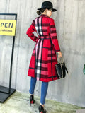 women color block plaid trench coat with belt