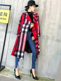 women color block plaid trench coat with belt